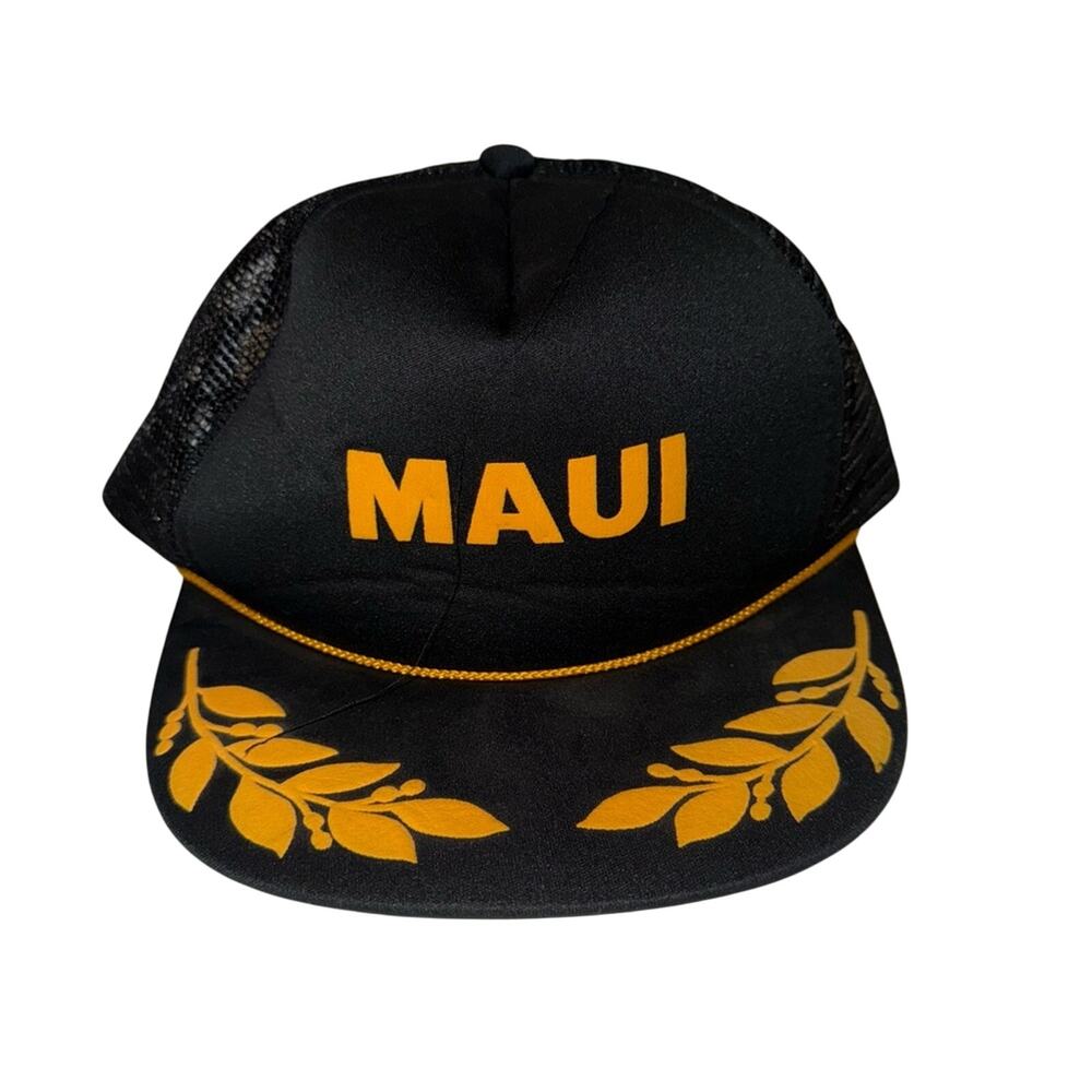 VINTAGE flat bill trucker Black and Gold Maui Cap OS